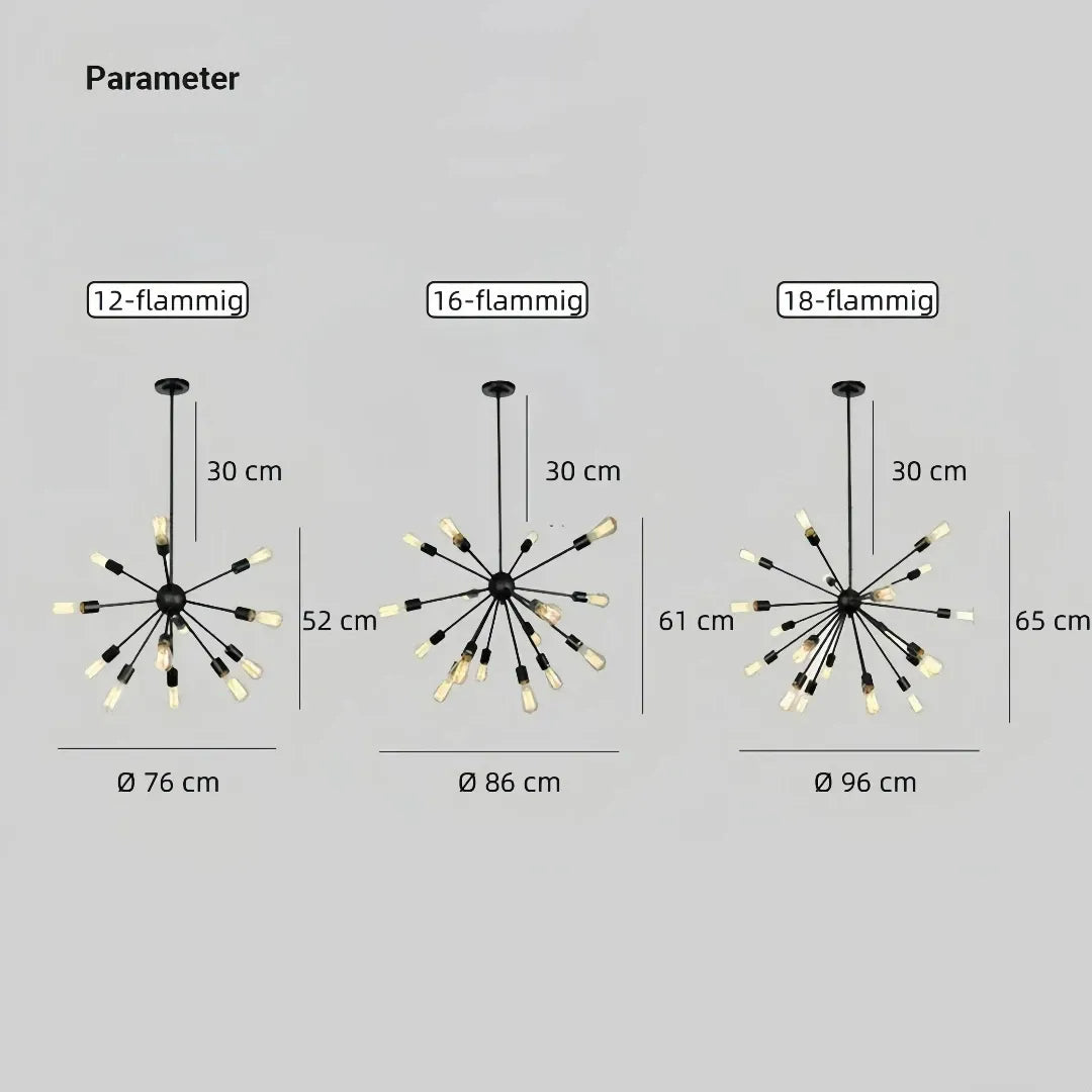 Sputnik Kronleuchter im Industrial-Stil aus schwarzem Metall